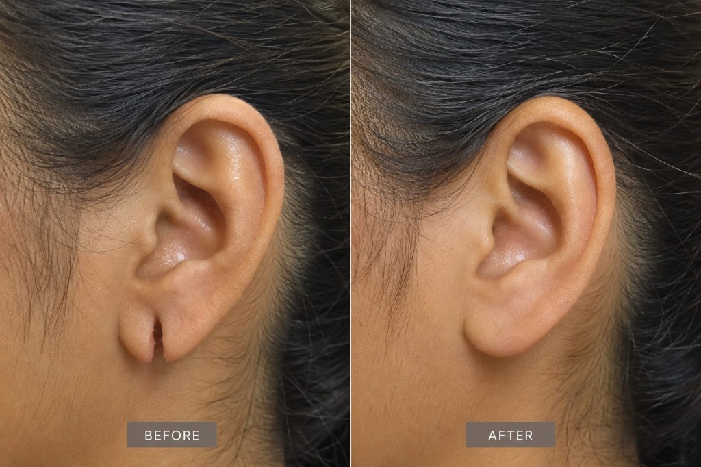 Before and after results of clinical earlobe repair treatment