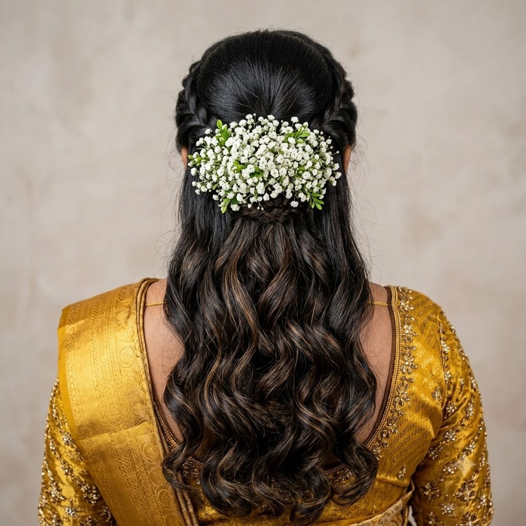 Glamorous event makeup look with floral hair accessories