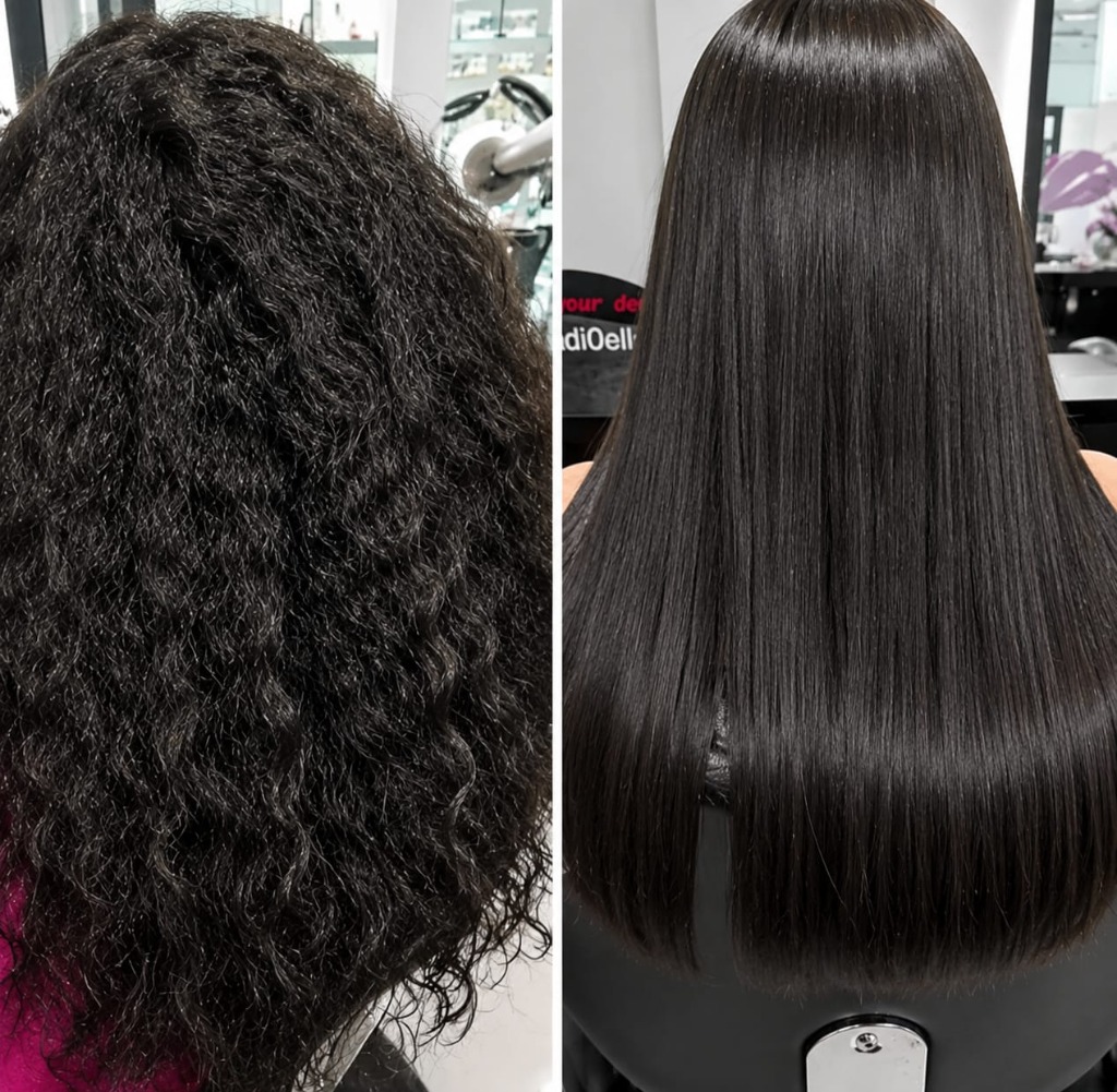 Before and after comparison of a hair botox smoothing treatment